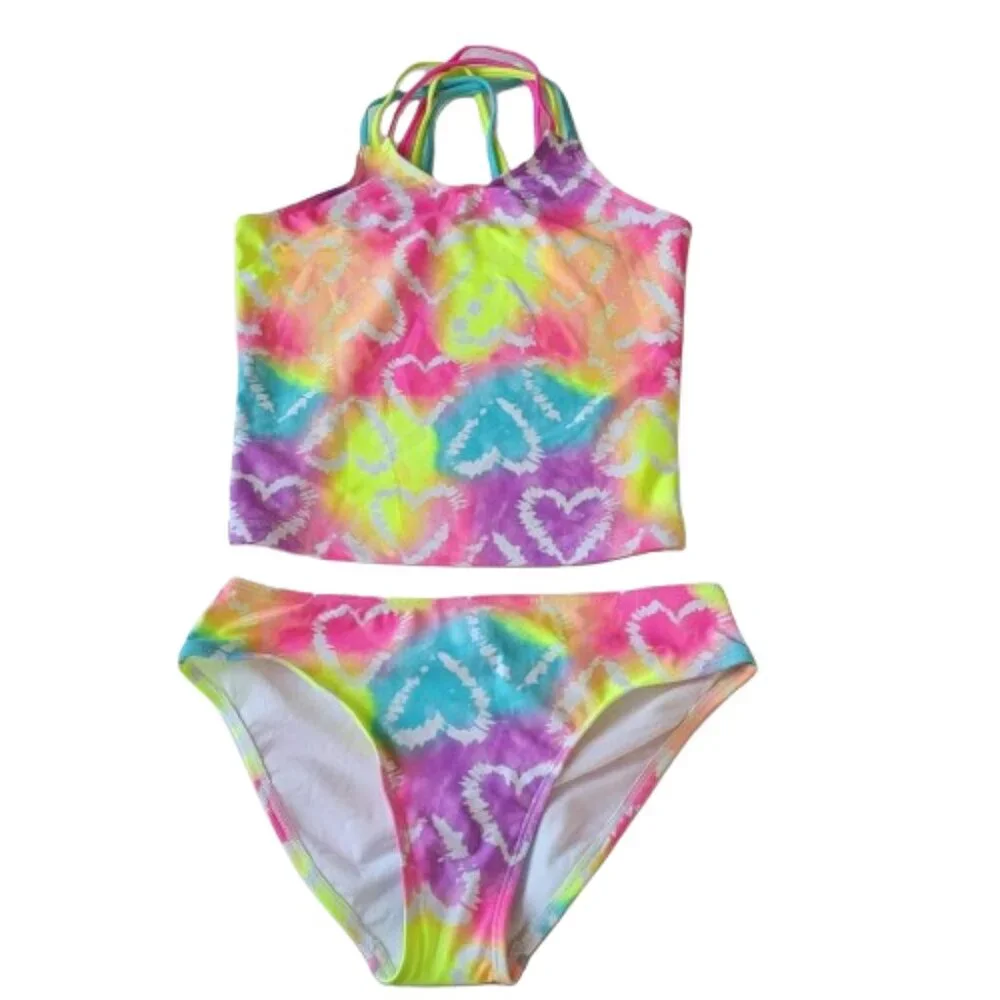 NWT The Children's Place Girls Tie Dye Heart 2-Piece Tankini Swimsuit XL 14